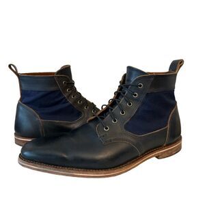 HELM Boots Men's Lace-up Leather Black with Blue Denim Side Panels Size 10.5 D
